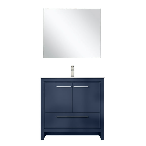 Lafarre 36 in W Navy Blue Vanity, Cultured Marble Top, Faucet Set & 28 in Mirror