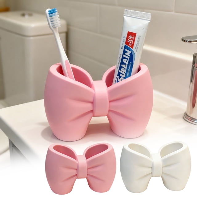 Jiaeri Cute Bow Shaped Toothbrush Organizer,Double Compartment Plastic Storage Box for Bathroom Vanity and Office Desk,Adorable Decorative Toothbrush Holder for Toothpaste and Pens
