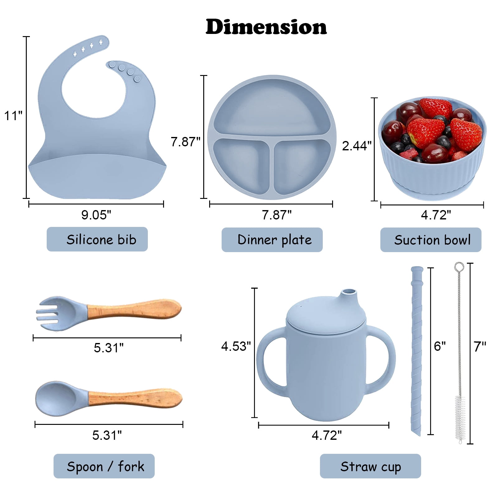 6pcs Silicone Baby Feeding Set, Baby Led Weaning Supplies, Baby Plate Set of Suction Bowl and Divided Toddler Plate, Baby Spoon, Fork, Bib, Sippy Cup with Straw and Lid, Food Grade BPA Free, Blue