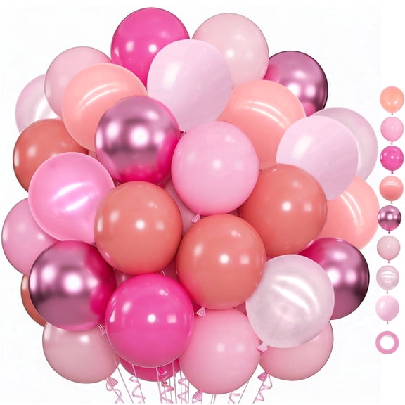 80Pcs 12Inch Pink Balloons, Metallic Pink Dusty Rose Pearl & Hot Pink Pastel Balloons for Baby Shower Bachelorette Birthday Gender Reveal Party Decorations