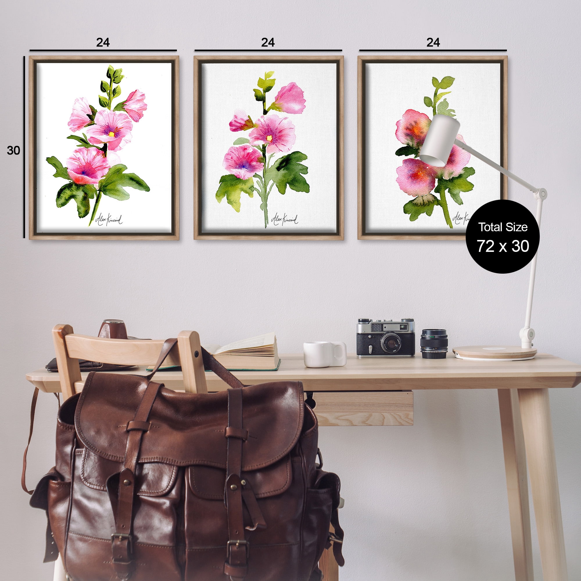 Stupell Industries Pink Flower Watercolors Botanical & Floral Painting Brown Floater Framed Canvas Art Print Wall Art, 25 x 31, Set of 3
