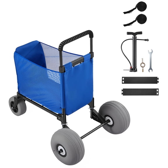 KFFKFF Folding Beach Cart with Large Wheels for Sand, 165 lbs Capacity, Heavy Duty Wagon with 12" Balloon Tires, Storage Bag, Adjustable Handle Height (33" to 45"), Ideal for Camping, Fishing