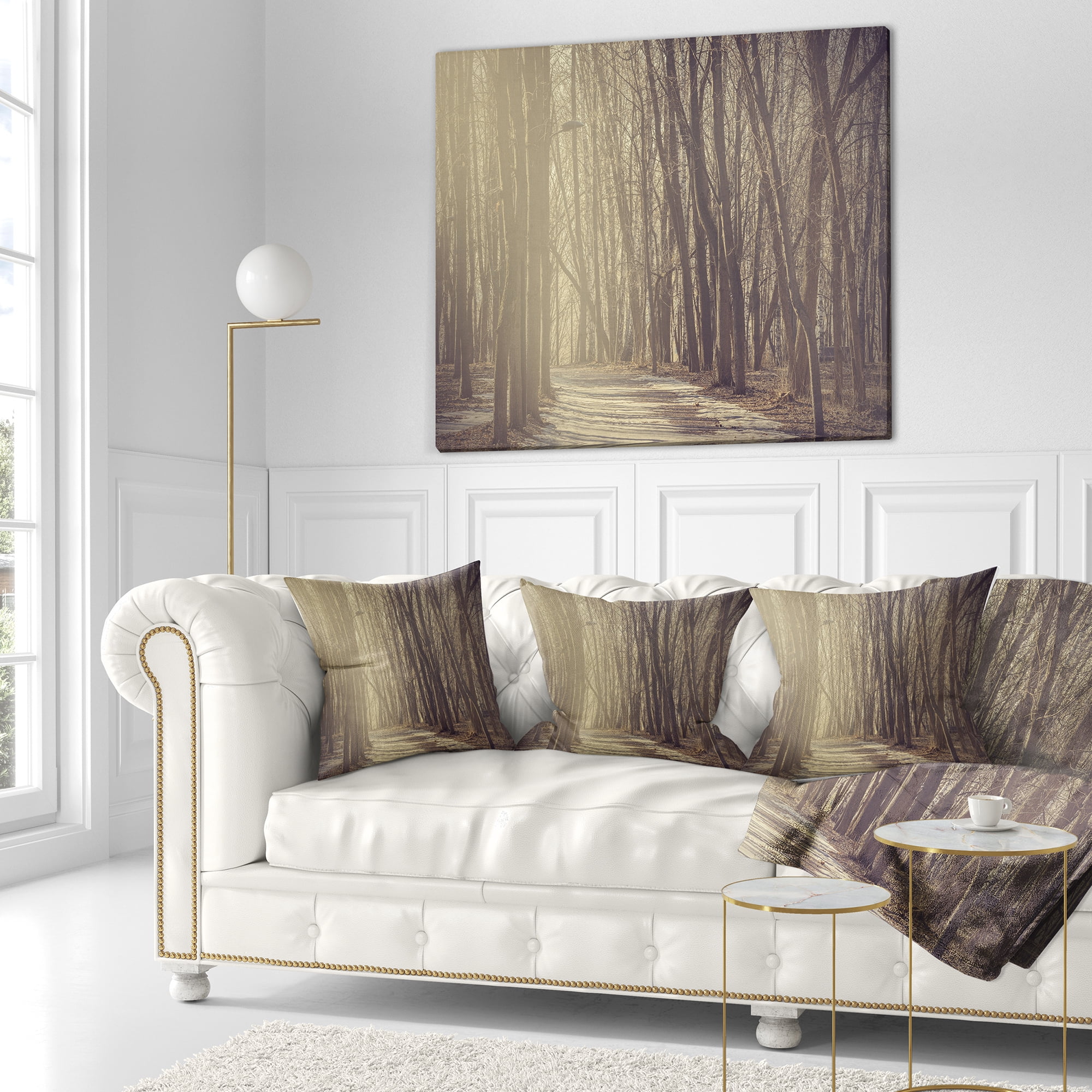 Designart Path in the Foggy Fall Forest - Modern Forest Throw Pillow - 18x18