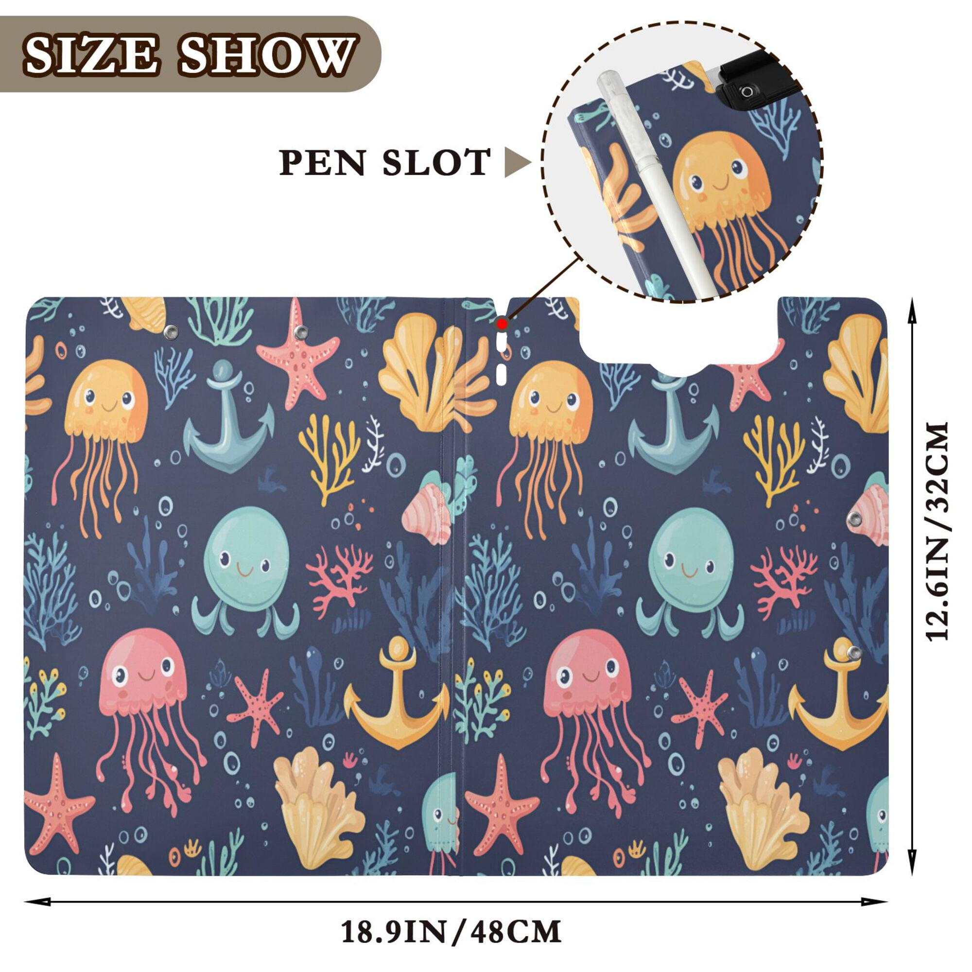 FORMRS A4 Clipboard Folder with Pen Holder Horizontal Foldable School Office Binder, Red Jellyfish