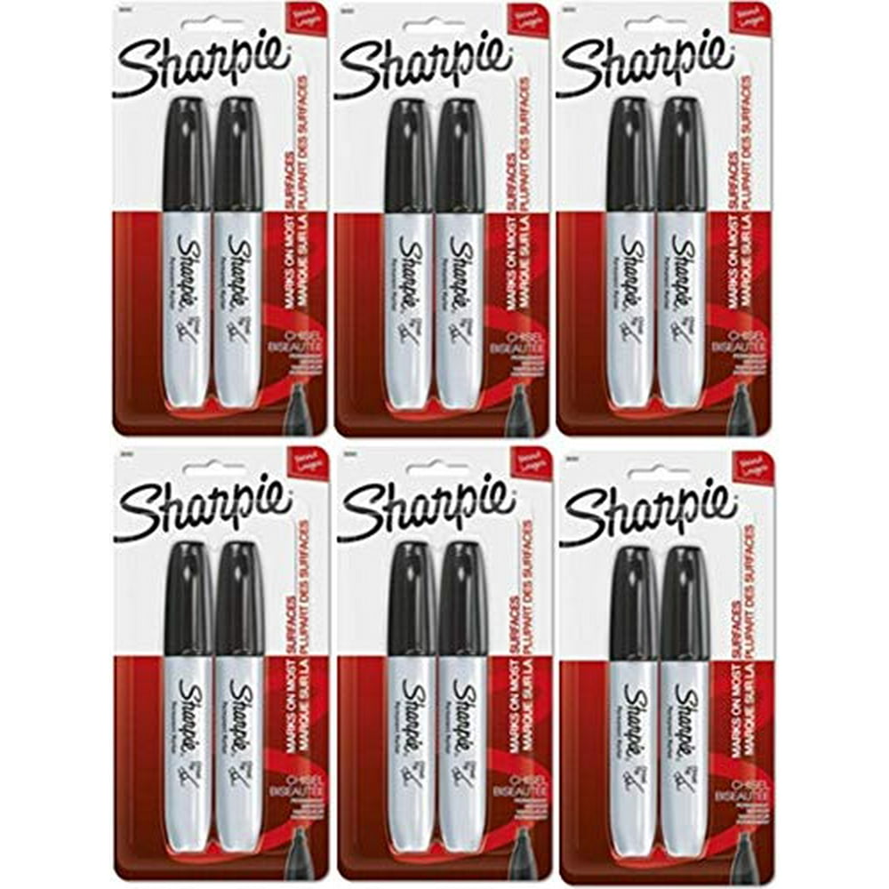 Sharpie Chisel Tip Permanent Markers, Black, 6 Blister Pack with 2 Markers each for a Total of