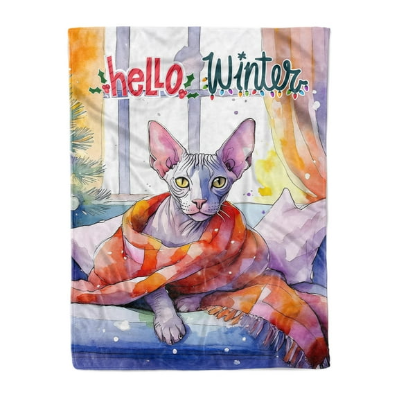 Watercolor Hello Winter Sphynx Chill Christmas Welcome Cozy Fleece Blanket Cat Lover Kitten Owner Gifts Idea Warm Soft Throw Blanket - 00016