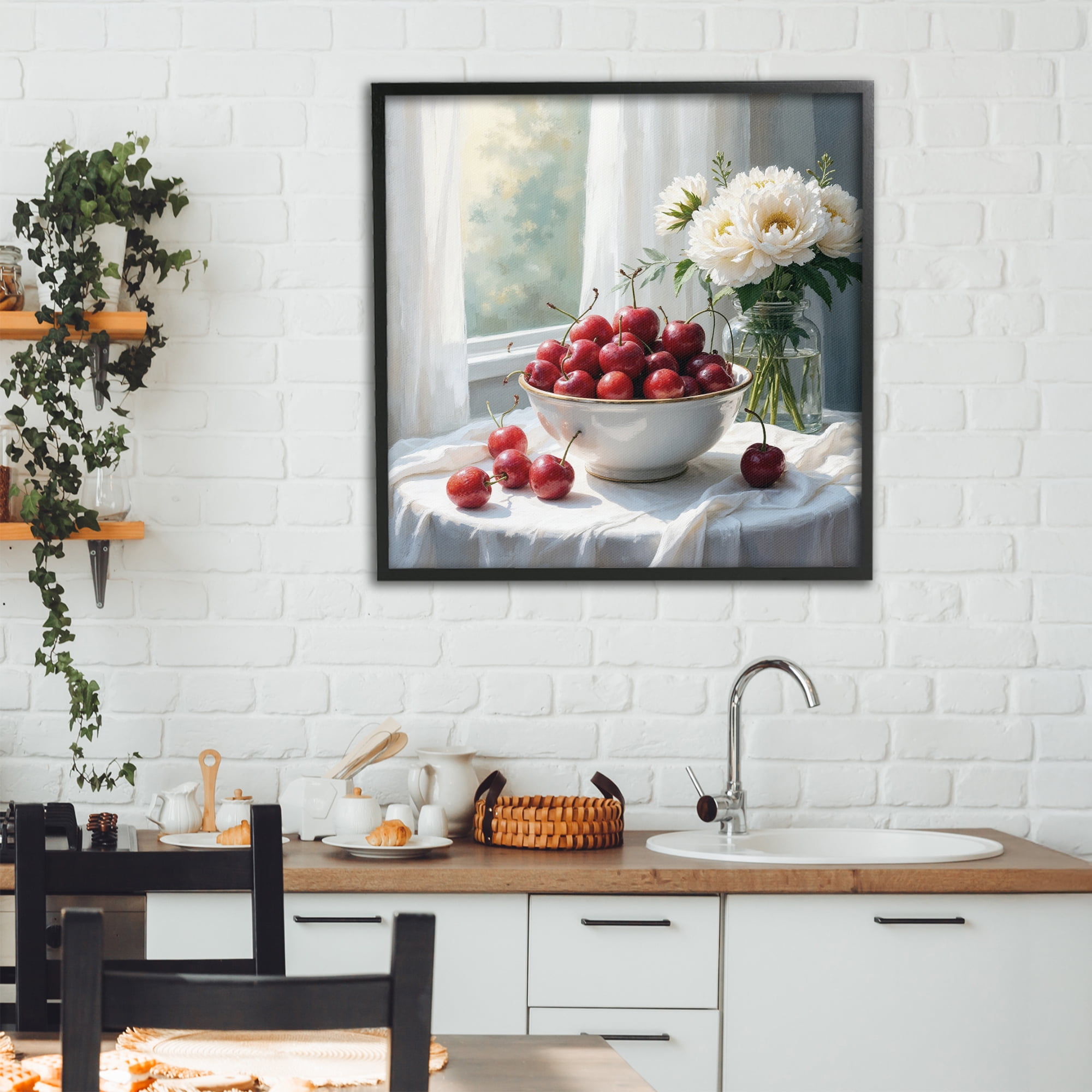 Cherries & Flowers Still Life Black Framed Giclee Art, design by Lettered and Lined