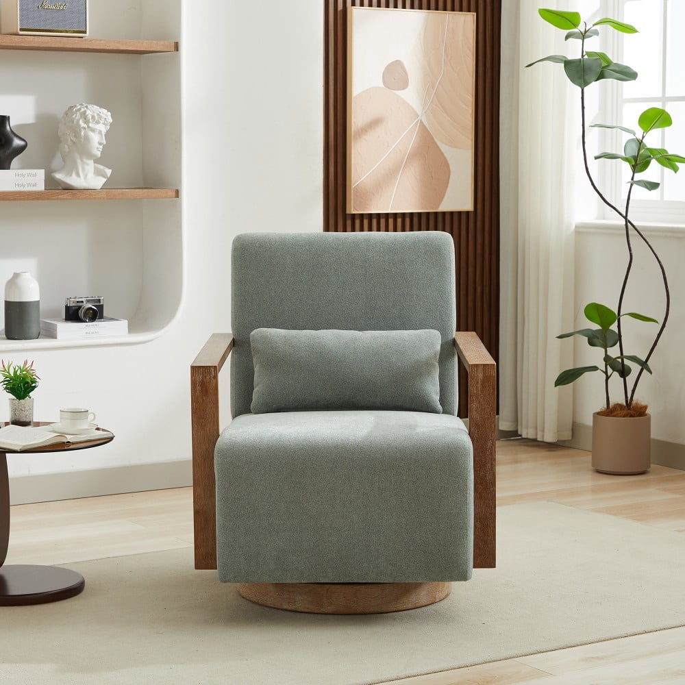Swivel Accent Chair, 360 Degree Modern Upholstered Lounge Chair with Solid Wood Armrests, Linen Blend Fabric, Comfy Reading Chair for Living Room, Bedroom & Office, Pale Green