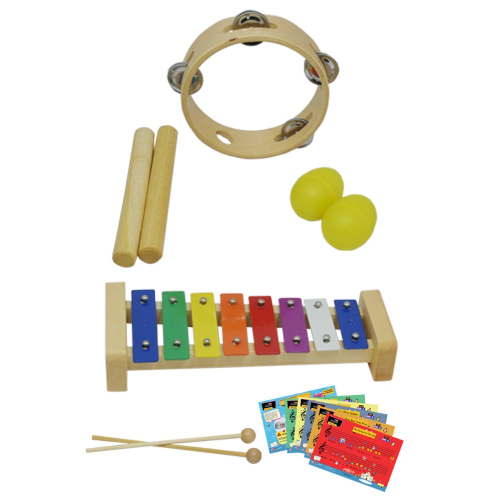 D'Luca Percussion 4 Pack With Glockenspiel, Music Cards, Tambourine