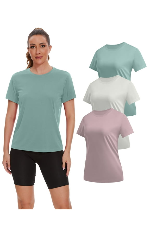 Women's Quick Dry Workout Tops, 3 Pack, Short Sleeve Athletic T-Shirts for Tennis, Yoga, Running