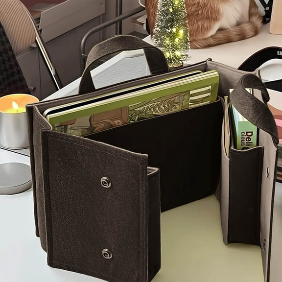 Foldable Water-Resistant Multi-Compartment Felt Document Tote Bag, Office File & Stationery Storage Organizer for Work and Travel, Brown
