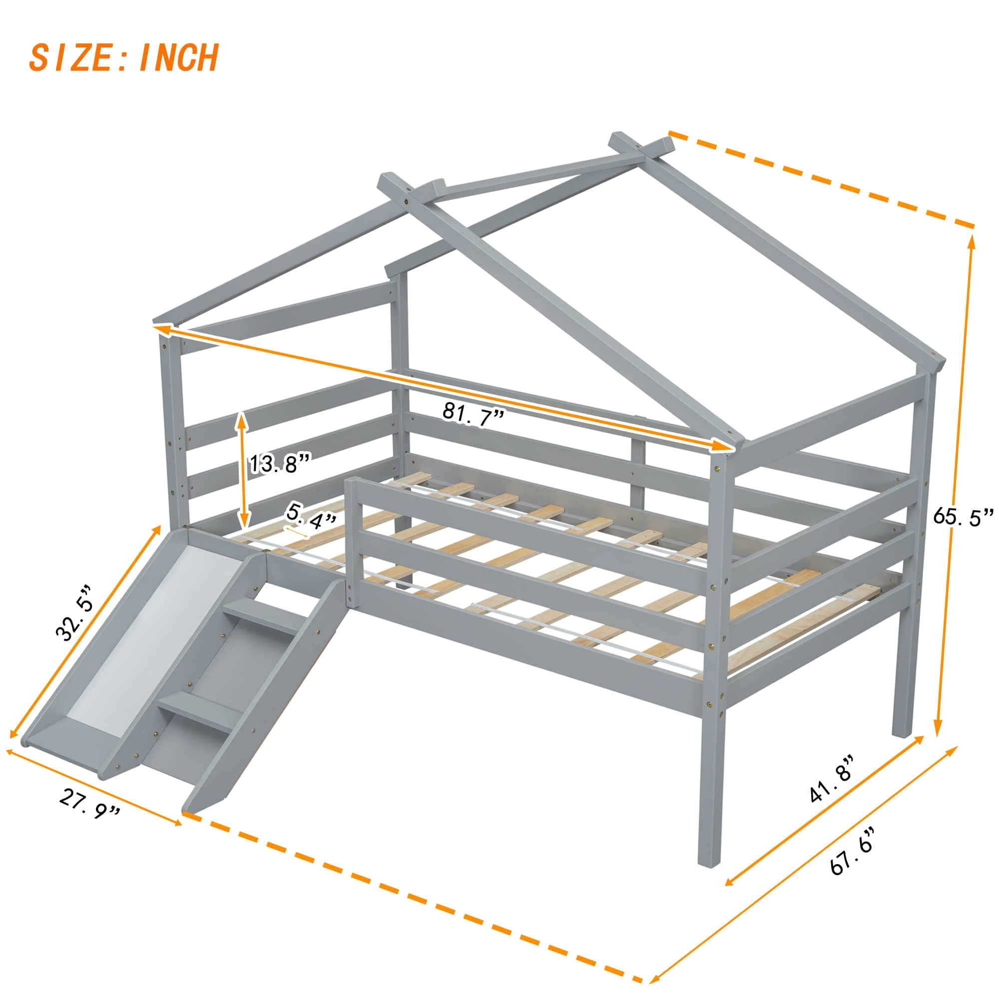 MAYEERTY Twin Loft Bed with Slide, Ladder, Safety Guardrails, House Roof Frame, Grey