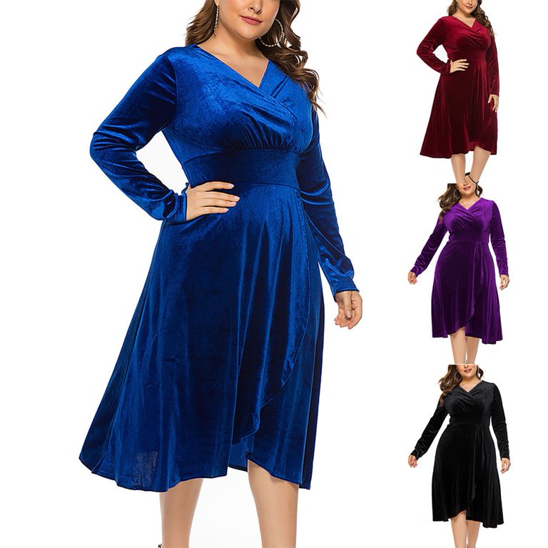 ALSLIAO Womens Long Sleeve Velvet Dress V-neck Cocktail Party Wrap Dress  Plus Size Blue 4XL 
