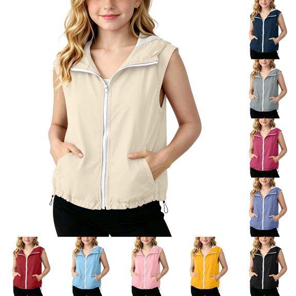 Nskgu Girls Hooded Vest Jackets Kids Sleeveless Lightweight Windproof Long Hem Adjust Outerwear Casual Waistcoat 5-16 Years
