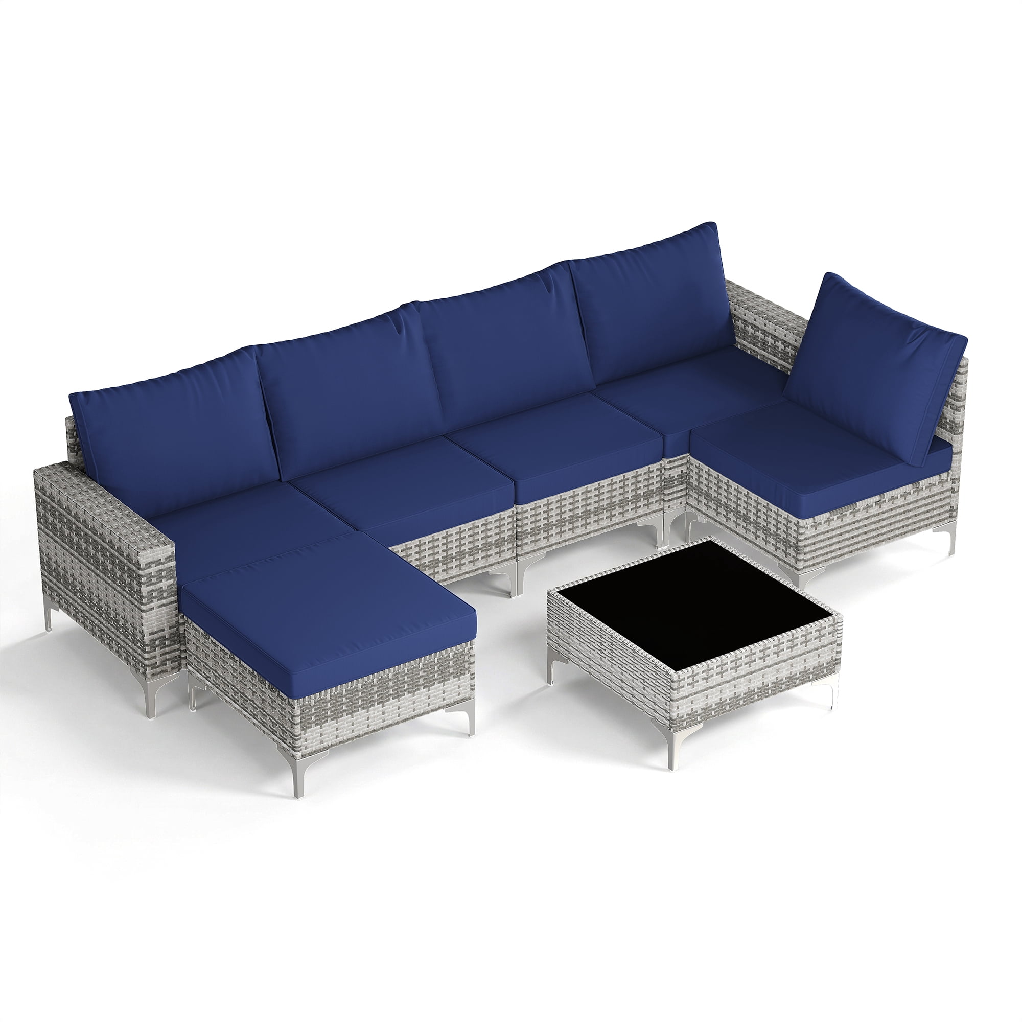 LAZZO 7-Piece Outdoor Conversation Set, Wicker Patio Furniture Set with Cushions and Coffee Table, Blue