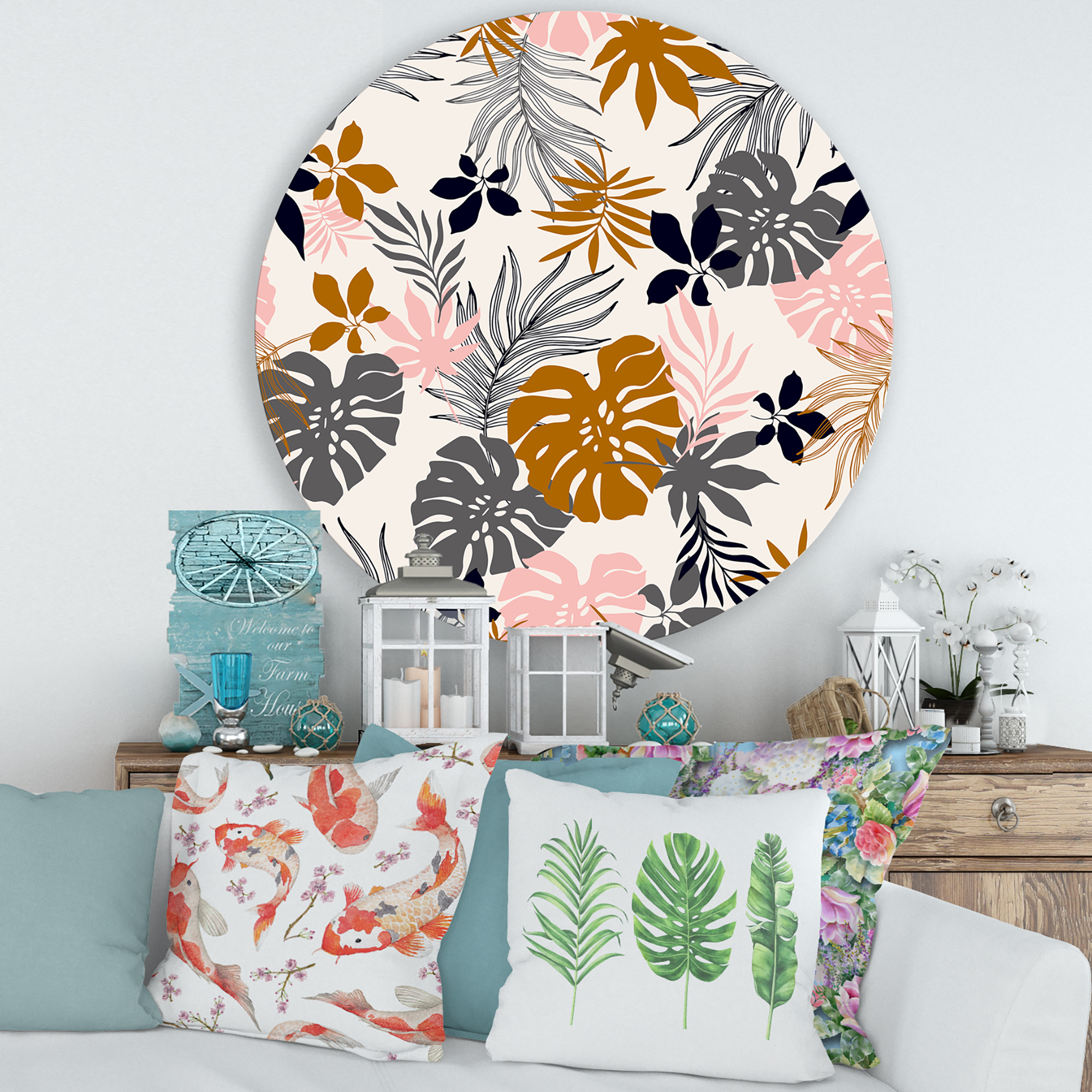 Designart 'Tropical Naturepalm Monstera Leaves In Silhouette On White' Traditional Circle Metal Wall Art 29x29 - Disc of 29
