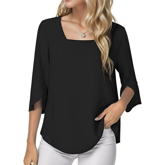 Womens Tops 3/4 Sleeve Pleated Dressy Blouses Square Neckline Casual Tunic Tops Summer Shirts
