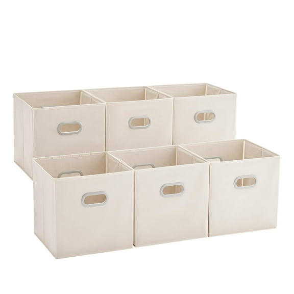 Foldable Storage Bins 6 Pack with Handles, Space Saving Fabric Organizer for Closet Bedroom Nursery Office, Beige 12x12x12