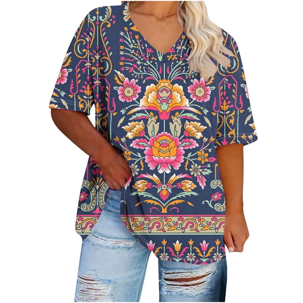 Camisetas Casuales de las Mujeres de Manga Corta de Cuello en V Oversized Camiseta Deportiva de Verano, Top Impreso Casual