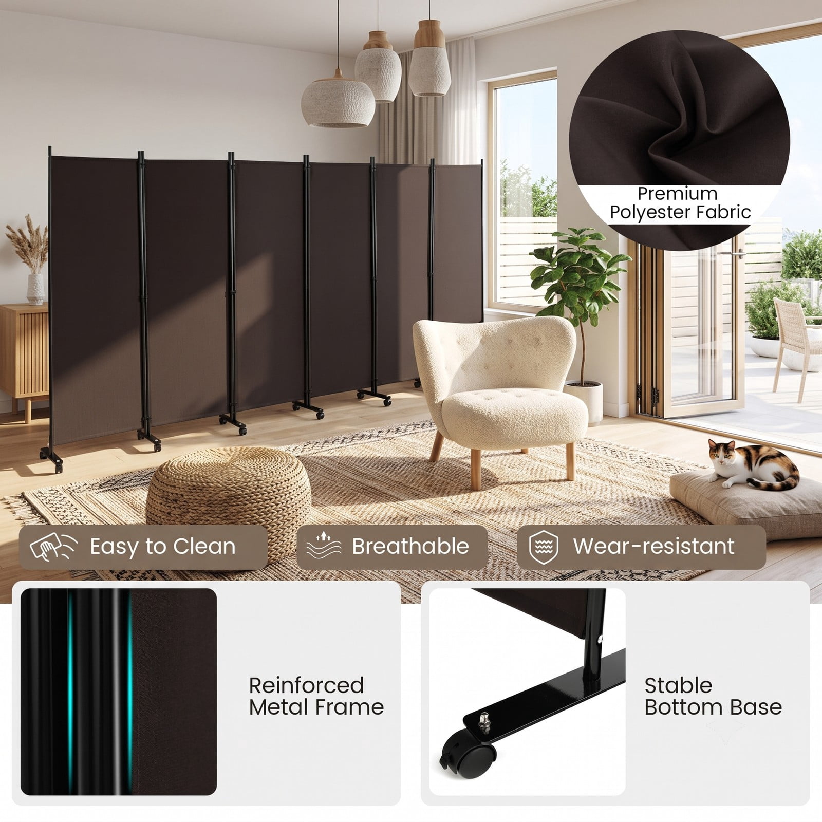 ALPULON 6 Panel Rolling Room Divider on Wheels, 5.7 Feet Tall Freestanding Folding Privacy Screen, Woven Fabric Partition for Home Office Bedroom Dormitory, Walnut