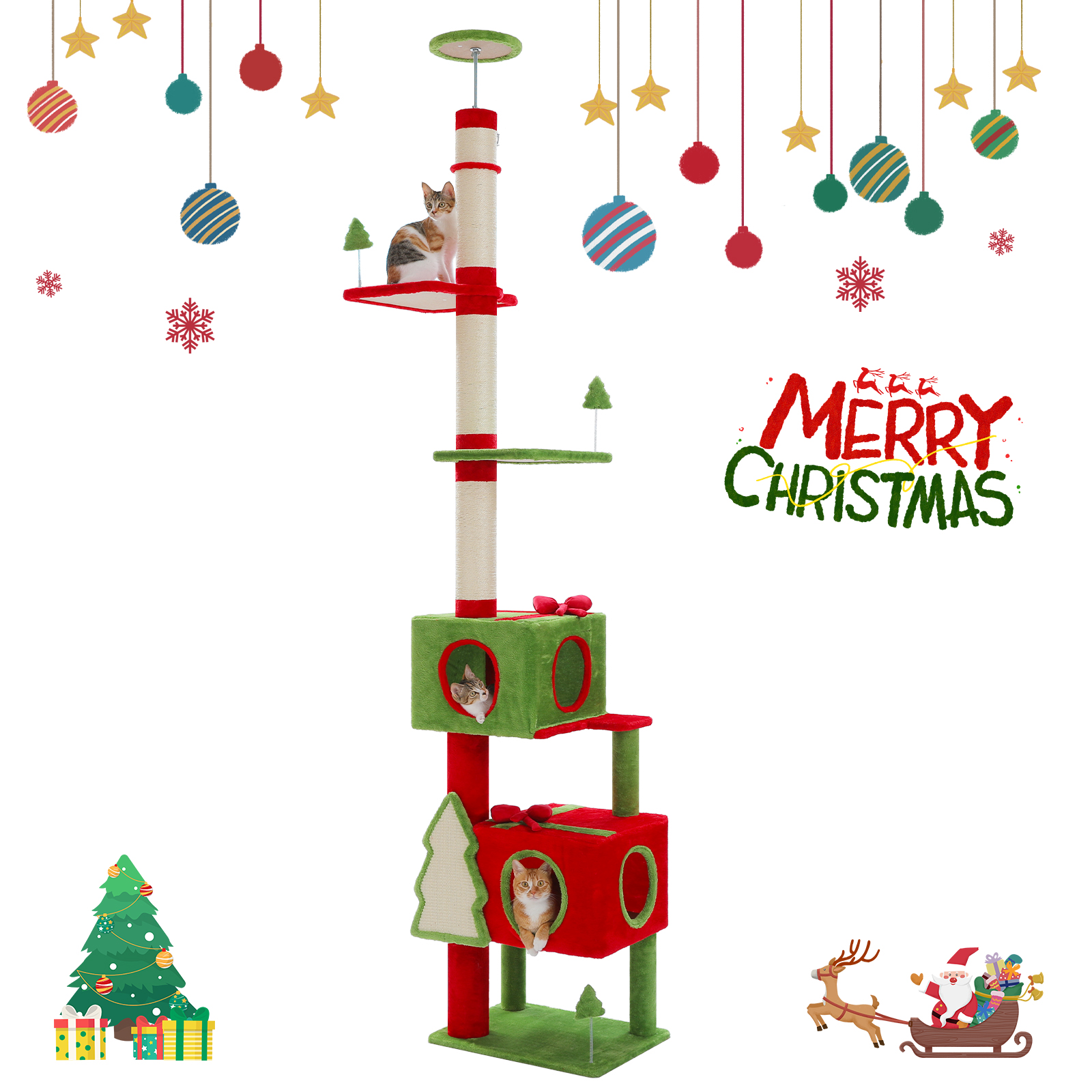 PEQULTI 90.9"-107.8" Christmas Cat Tree Floor to Ceiling Tall Cat Tower with 2 Spacious Cat Condos Red