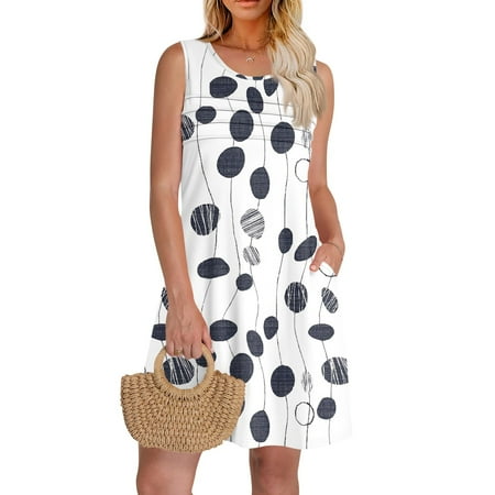 GXIPO Pleated Front Spring Dresses for Women 2025 Beach Dresses Vacation Sleeveless Swimsuit Coverup Knee Length Dress Sundress Boho Pockets Navy S