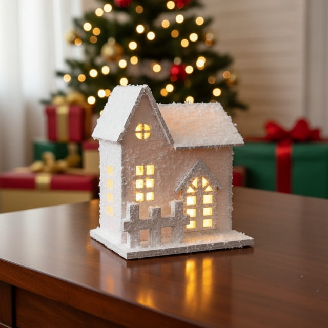 Casas de pueblo navideñas de madera con iluminación LED | Decoración de pueblo invernal de 3 piezas a pilas | Expositor de escritorio de estilo europeo con nieve artificial | Decoración navideña par