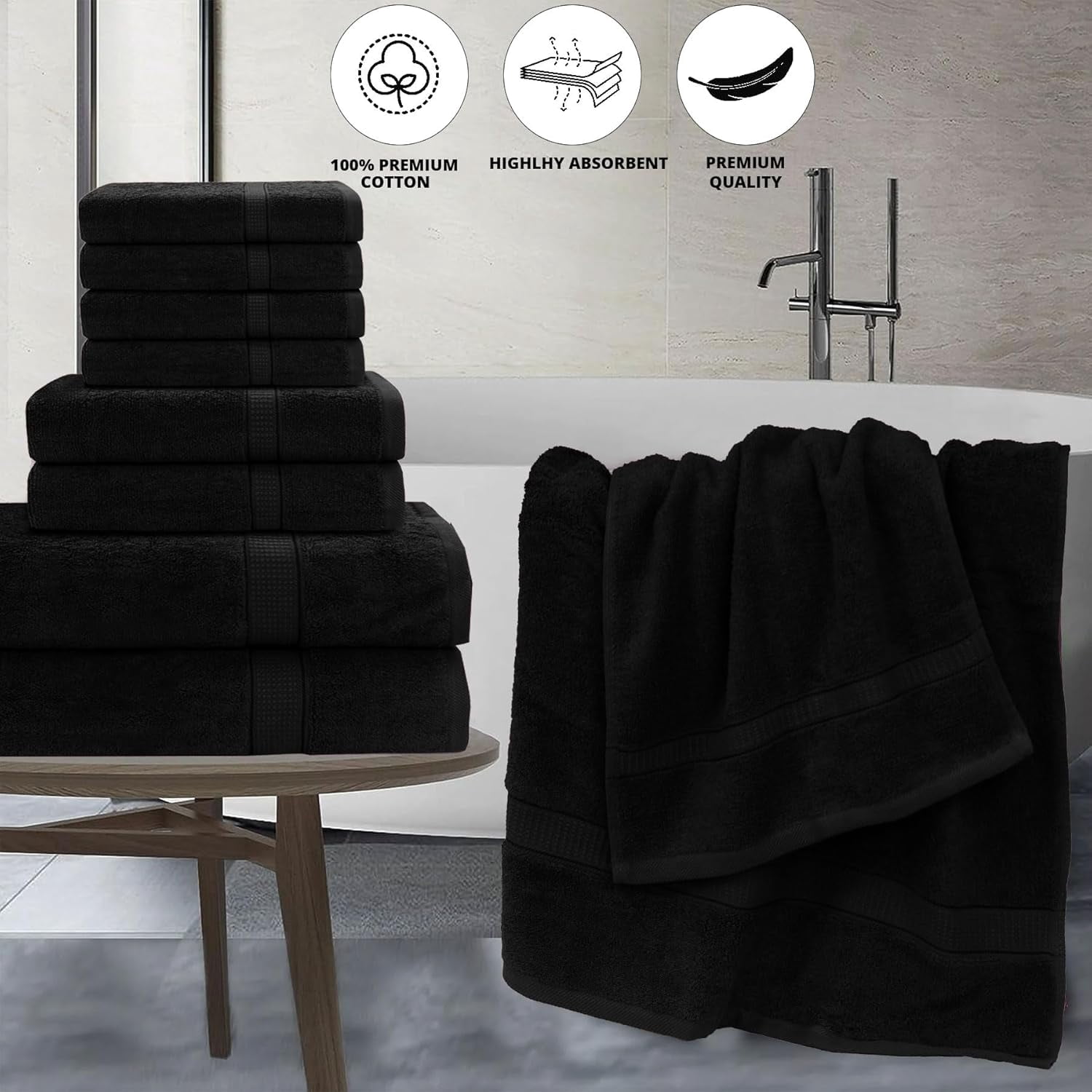 Gold Textiles Luxury 10 Piece Towel Set (Bath Mat 27x54, Hand Towel 16x30, Washcloth 13x13, Bath Mat 22x34) Ultra Plush Absorbent Cotton Towels For Bathroom (Black, 10 Piece Towel Set)