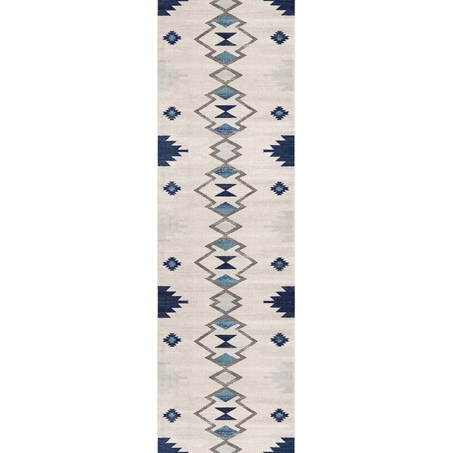 Rug Branch Savannah Contemporary Boho Blue Beige Indoor Runner Rug For Entryway, Hallway, Bathroom, and Kitchen - 2' x 6' (2'3" x 5'7")