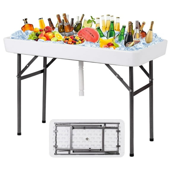 Folding Ice Cooler Table with Matching Skirt & Drain Hose, Foldable Beverage Cooler Buffet Cooler Server, Portable Chill Table for Party, Picnic, BBQ, Camping (White)