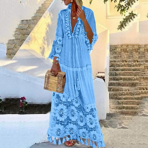 Womens Solid Swimsuit Cover Up Summer V Neck Sun Dresses Comfort Loose Lace Tassel Beach Bathing Dress