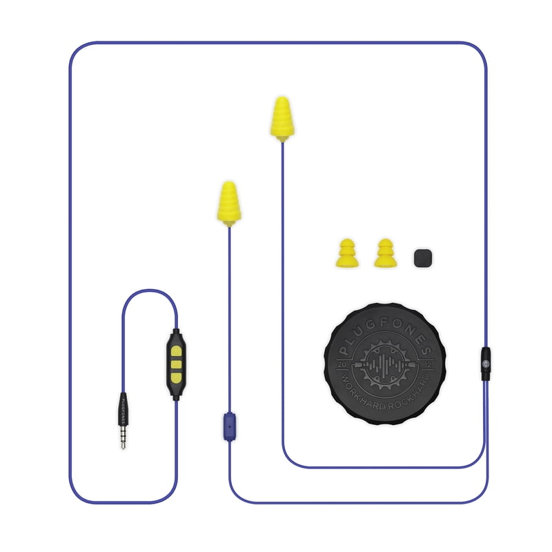 Plugfones Guardian Plus in-Ear Earplug Earbud Hybrid - Noise Reduction in-Ear Headphones with Noise Isolating Mic and Controls (Yellow & Blue)