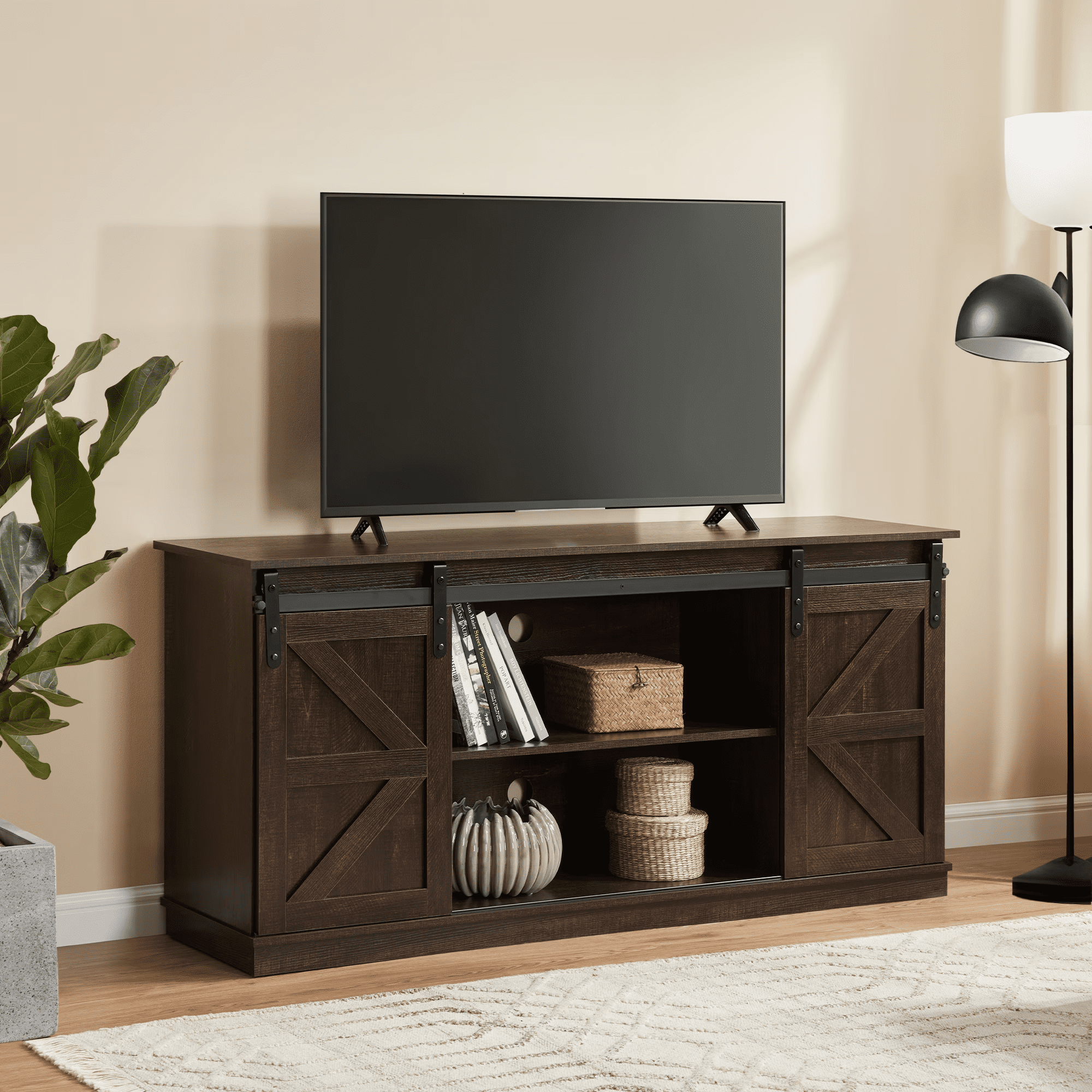 MAYEERTY 58" Farmhouse TV Stand with Sliding Barn Doors, Storage Cabinets for TVs Up to 65", Brown