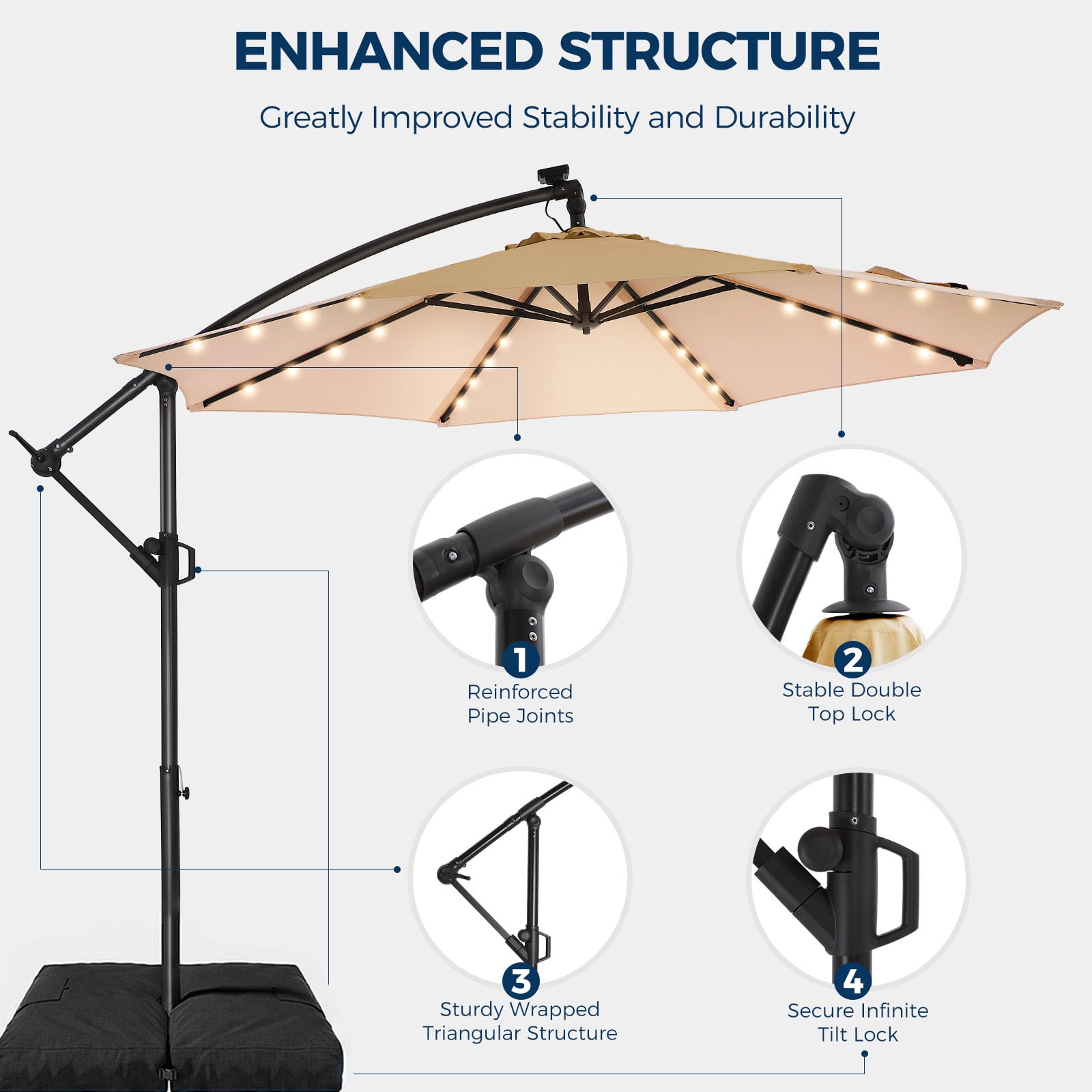 Patbrela 10ft Offset Patio Umbrellas (Includes Base) Outdoor Cantilever Hanging Umbrella with Infinite Tilt, for Yard, Garden, Beach, Pool & Deck, Beige