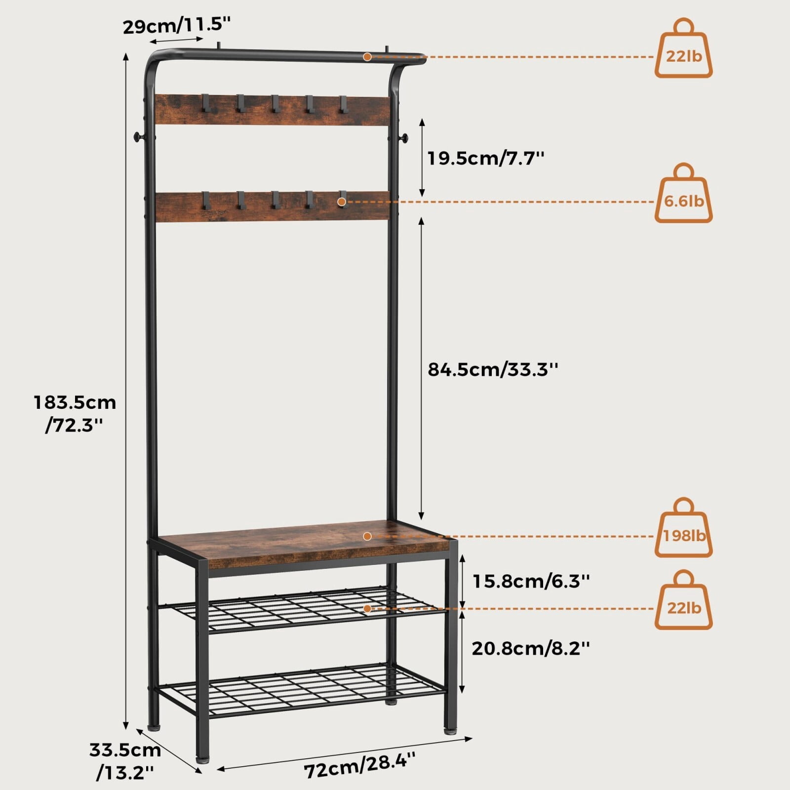 Kelno 72"x28" Hall Tree with Shoe Bench Industrial Entryway Coat Rack with Hanging Rod 10 Removable Hooks 2-Tier Shoe Storage, Drak Brown