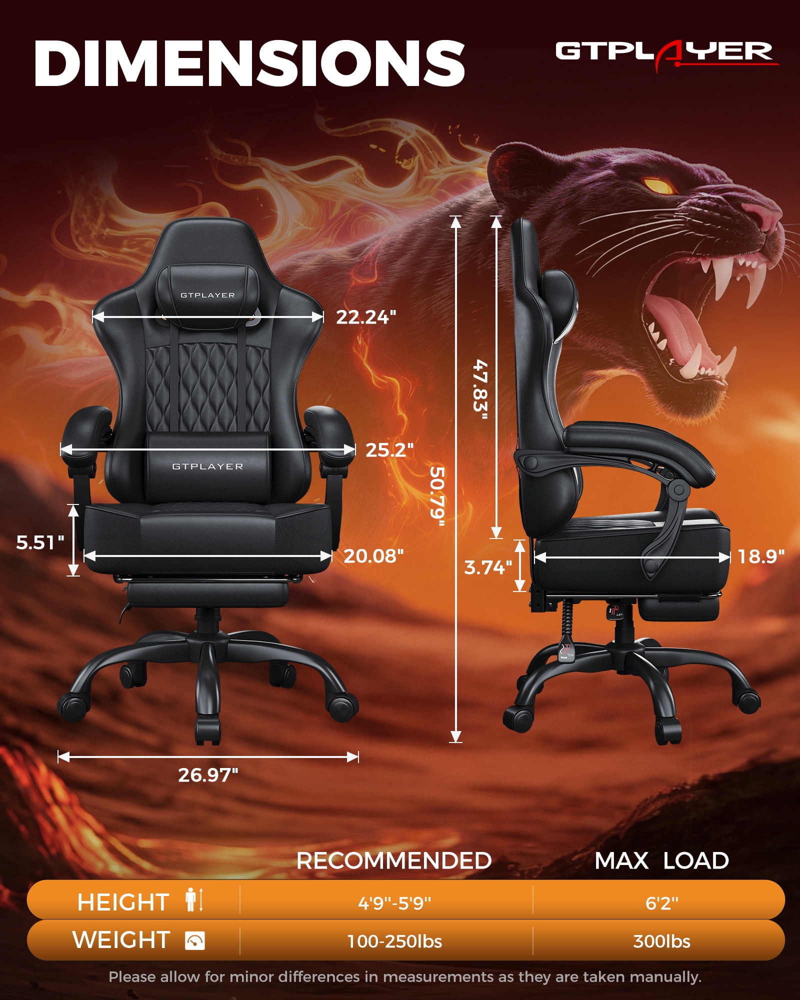 GTPLAYER Ergonomic Gaming Chair with Footrest and Lumbar Support, Black