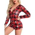 thumbnail image 2 of Kiapeise Women Plaid Print Shorts Long Sleeve Rompers One Piece Bodysuits Pajamas Jumpsuit, 2 of 5