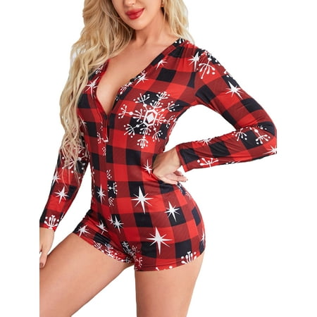 

wsevypo Womens Christmas Red Pajamas Clothes Print Long Sleeve slim Playsuit PJS Nightwear Set