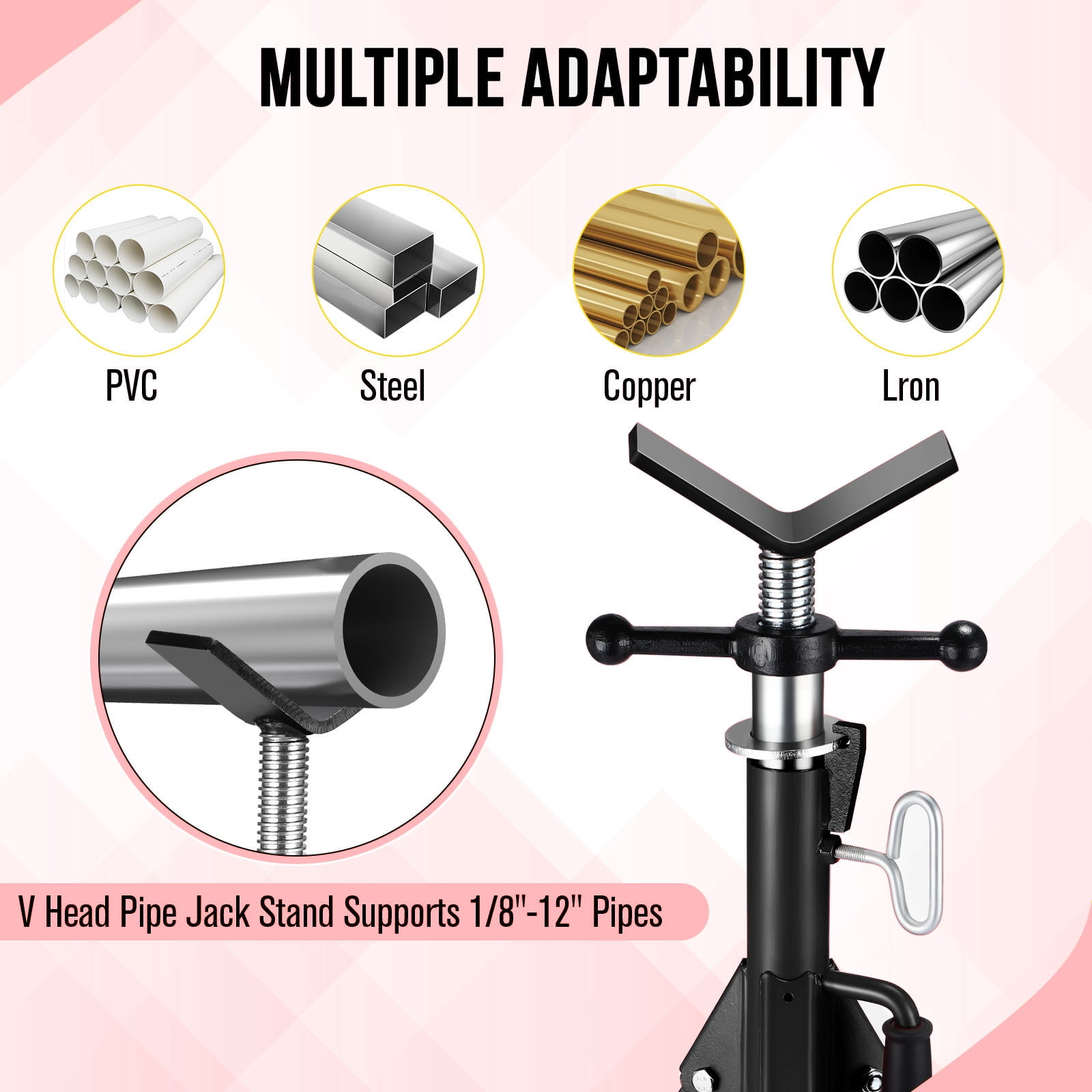 V Head Pipe Jack Stand, Heavy Duty Pipe Stand, 2500LB Jack Stands With Portable Folding Legs 28-52 Inch Height Adjustable 1/8"-12" Capacity,Yellow,Maual Included