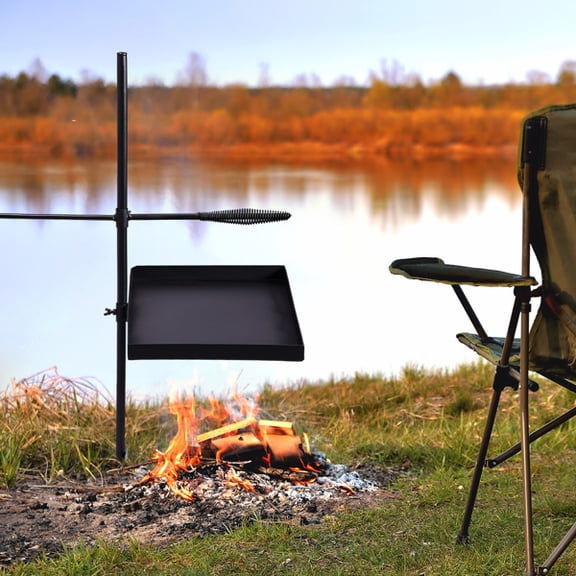 Swivel Campfire Grill Skillet Combo, Portable Heavy Duty Camping Grill Grate with Height Adjustable Grill Grate and Grill Pan and Carry Bag, Black