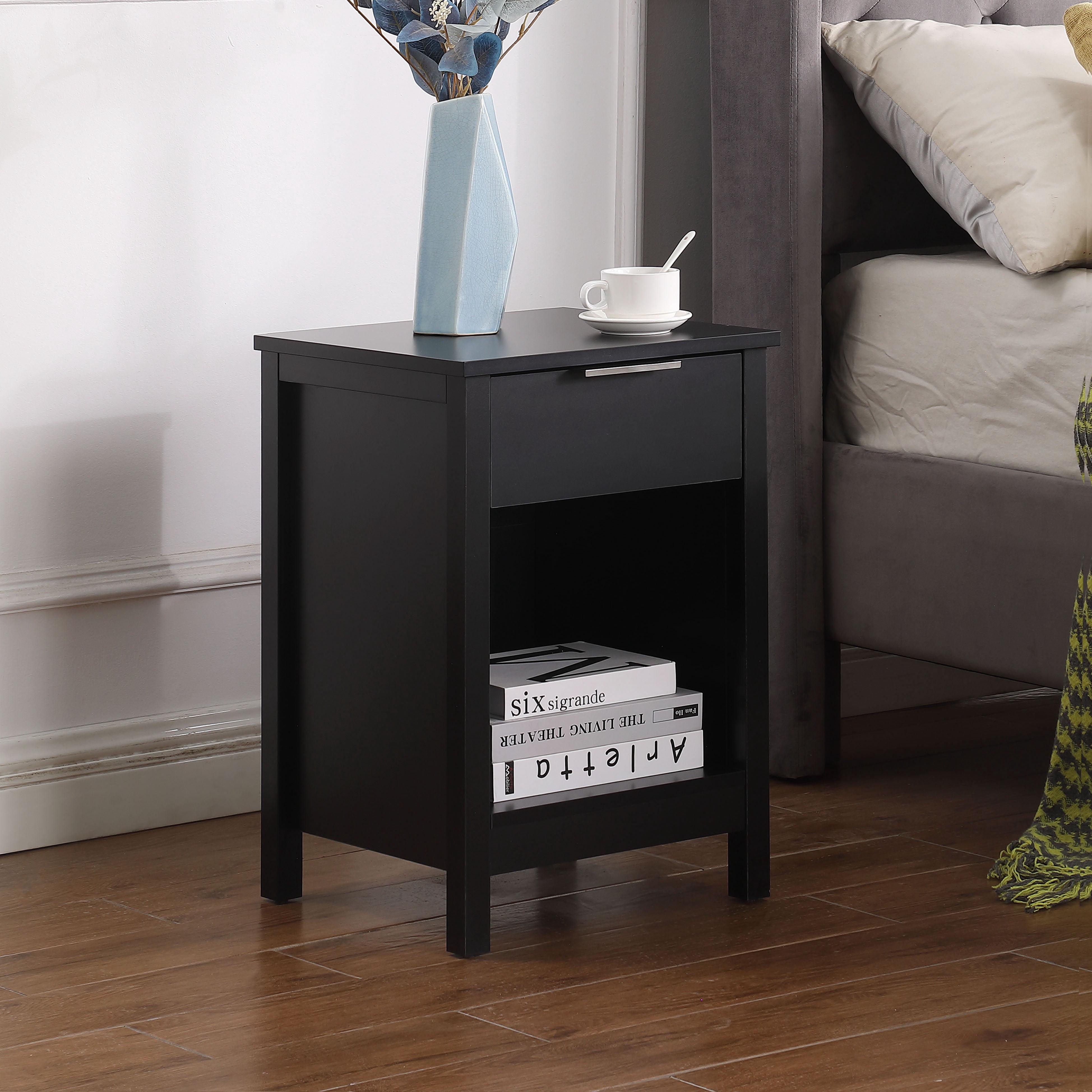 Nightstand with Drawer,3-Tier End Side Table with Storage Drawer and Shelf,Modern Bedside Night Stand for Bedroom, Living Room-Retro Black