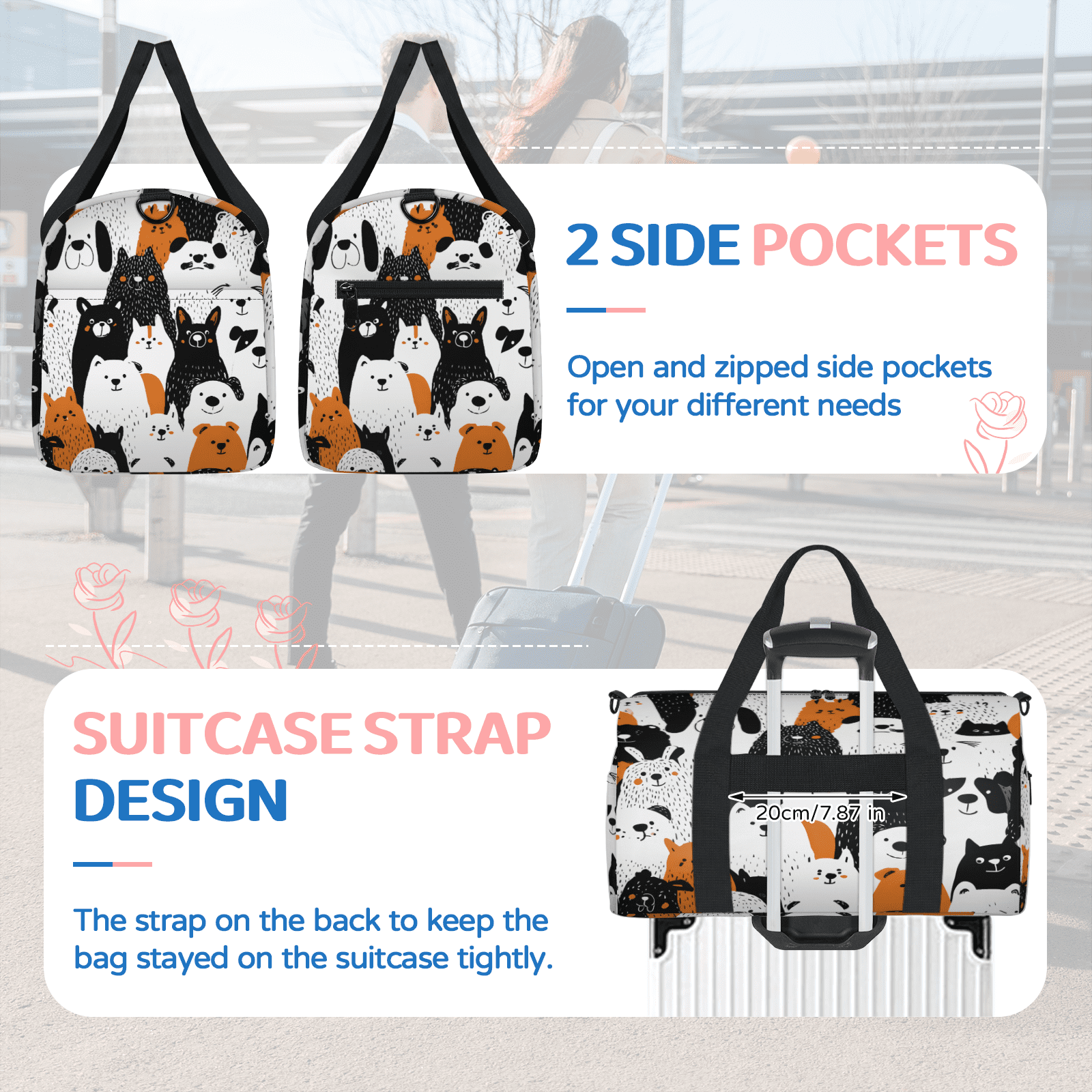 Herdesigns Funny Dog Gym Bag for Women, Duffle Bag for Travel Sport, Colorful Puppy Lightweight Waterproof Carry on Weekender Dance Yoga Workout Bags