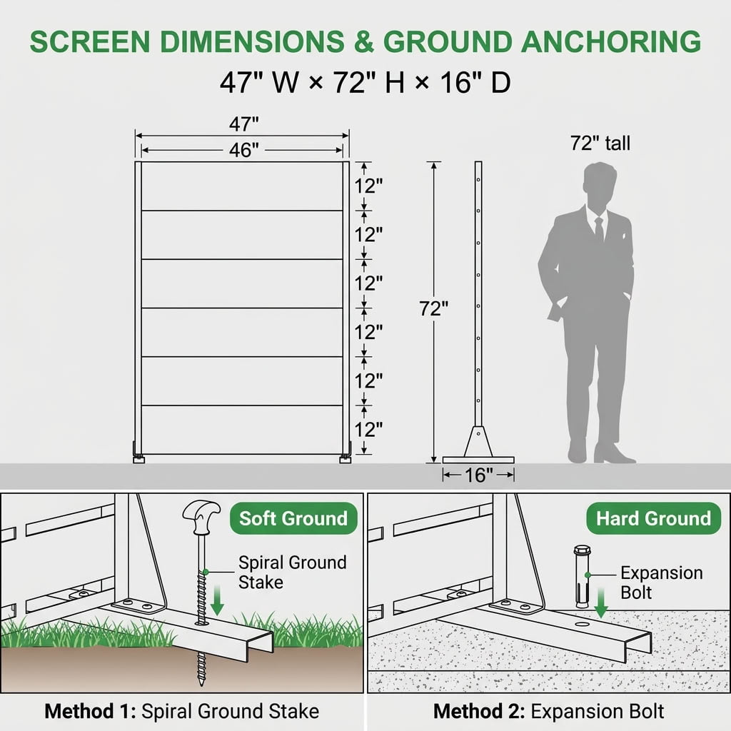 MAYEERTY 72" x 47" Outdoor Metal Privacy Screen, 6-Panel Decorative Screen for Patio, Balcony & Garden, White