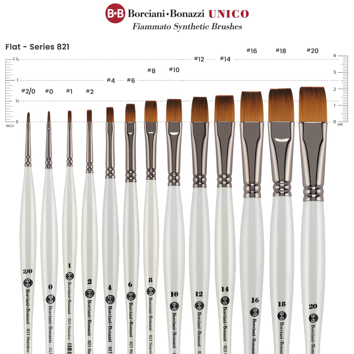 Borciani e Bonazzi Unico Fiamatto Synthetic Series 821 Paint Brush, Flat Size 10 - For Acrylic and Watercolor Painting - Ergonomic Handle, Animal-Friendly, Brass Ferrule, Handcrafted in Italy