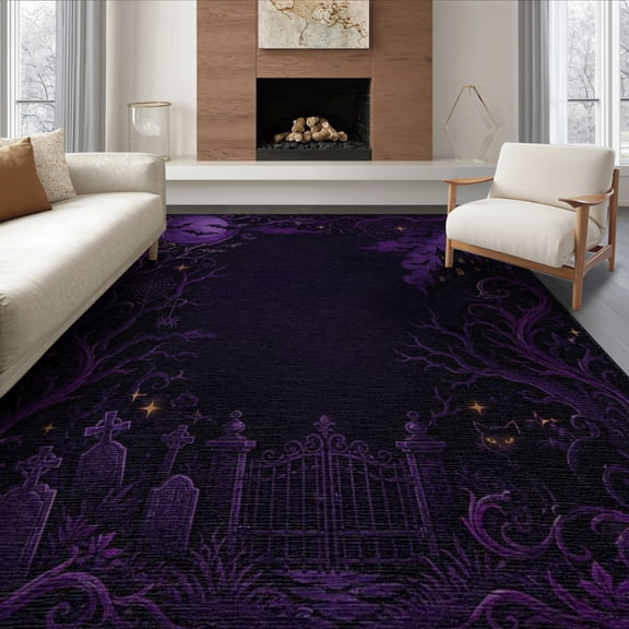 ODIKA 8'x10' Washable Area Rug Dark Purple Gothic Elegance Design Enchanted Graveyard and Haunted Castle for Living Room, Under Sectional, Family , Durable, Non-Slip