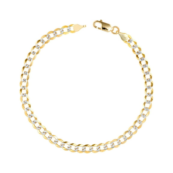 Nuragold 14k Real Yellow Gold Solid Cuban Curb Link 5mm Diamond Cut Pave Chain Bracelet (7"-9") Two Tone Italian Jewelry for Men & Women
