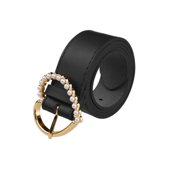 INSPIRE CHIC Stylish Women's Belt Heart-Shaped Buckle with Beads Belts Encrusted Buckle Solid Color Waistband for Dress 40.6x1.3" Black