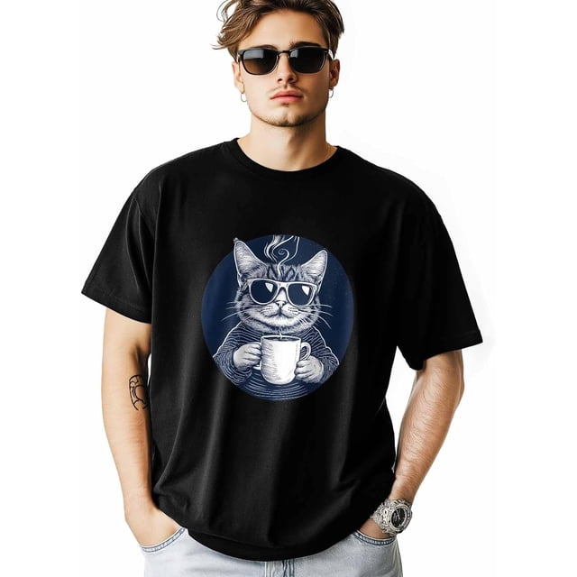 T-Shirts for Men, Cat Coffee Crew Neck Cotton T-Shirt Men's Short Sleeve