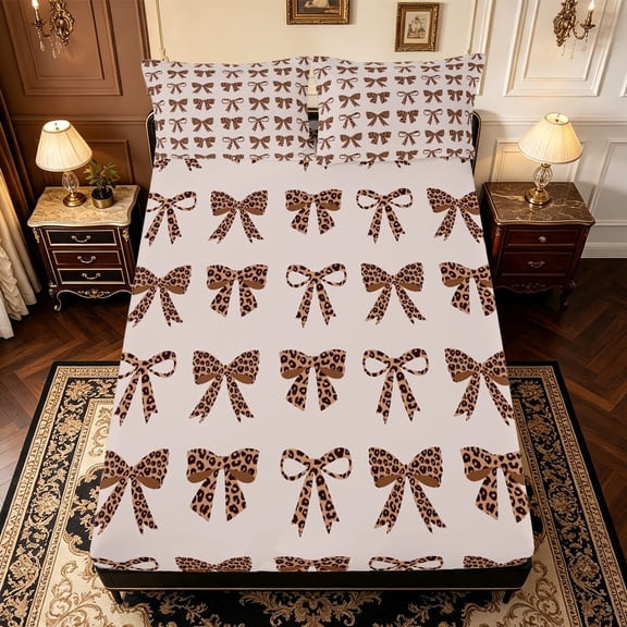 Manfei Brown Bowtie Fitted Sheet Full,Fashion Bowknot Bed Set,3pcs,1 Fitted Sheet and 2 Pillowcases