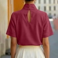 thumbnail image 5 of Qiopertar Women's Blouse Stand Collar Short Sleeve Elegant Casual Loose Work Office Tunic Tops, Wine L, 5 of 7